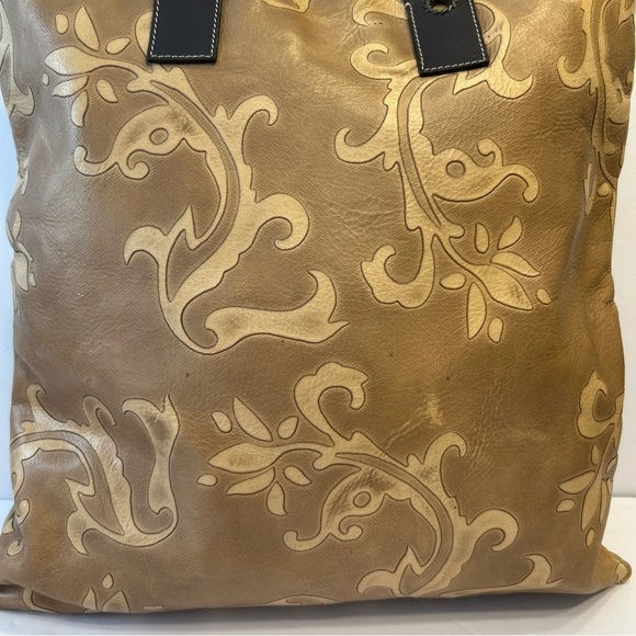 FALOR Italy Tote Bag, Tan Brown Leather Embossed Paisley Large Bag, 16" x 16" - Picture 3 of 6
